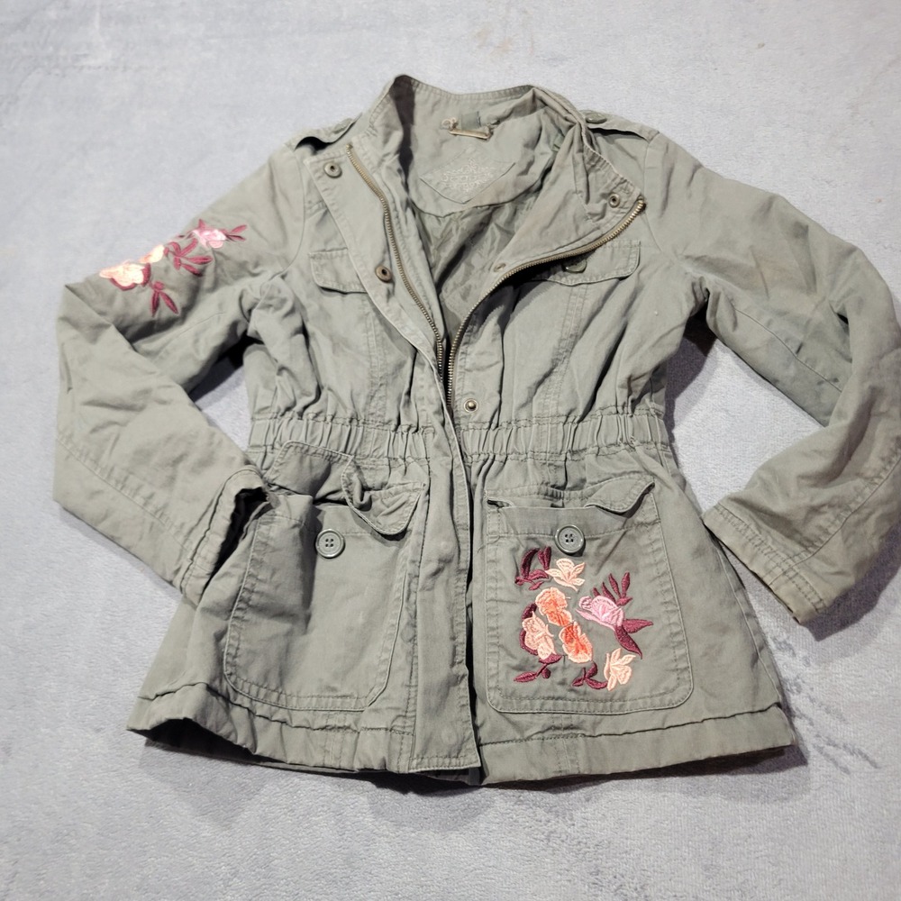 Joujou Jacket Girls M 10/12 Olive Green Floral‎ Embroidered Utility Field Coat